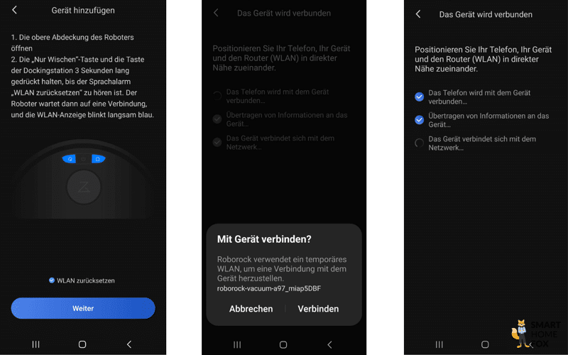 Der Einrichtungsprozess der Roborock S8 MaxV Ultra App ist zu sehen.